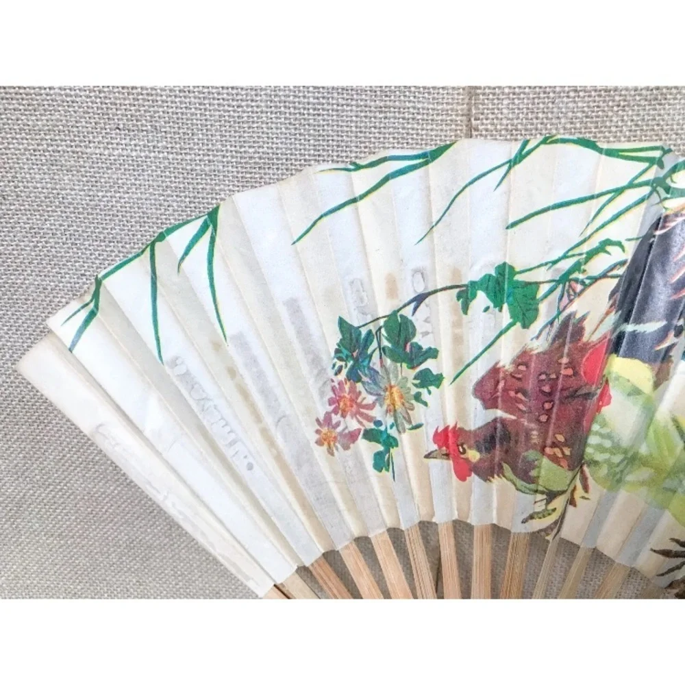 Vintage Asian Handheld Fan Chicken Hens Floral Decorative Cultural Boho